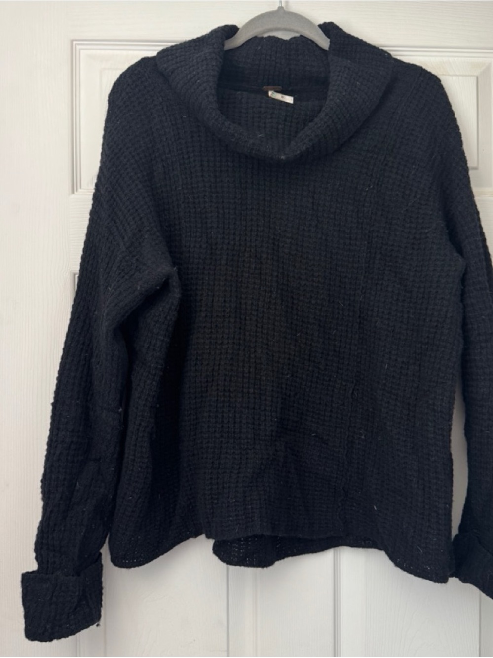 Free People Black Waffle Knit Cowl Neck Sweater